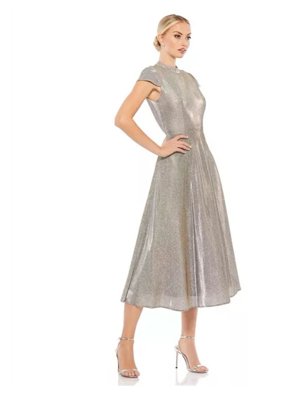 EUC Mac Duggal Silver Metallic Midi Dress with Cap Sleeves